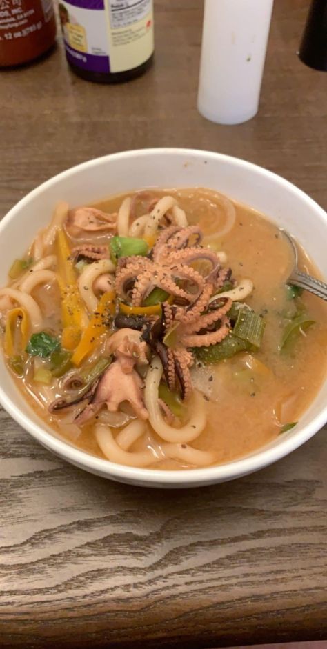 Homemade spicy octopus udon noodle soup! #food #meal #foods #healthyfood #keto Octopus Noodles, Spicy Octopus, Udon Noodle Soup, Udon Noodle, Noodle Soup, Junk Food, Japanese Food, Octopus, Ramen