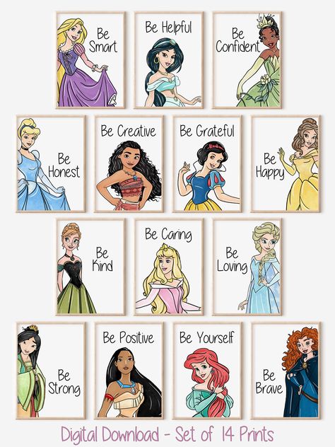 Set of 14 Princesses With Affirmation DIGITAL Prints, Girl Bedroom Wall Art, Princess Themed, Be Kind, Be Brave, Be Yourself, Empowerment - Etsy Diy Princess Room, Princess Kids Room, Disney Themed Bedrooms, Girl Bedroom Wall Art, Disney Princess Room Decor, Disney Princess Room, Disney Princess Theme, Princess Wall Art, Princess Room Decor