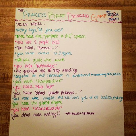 The Princess Bride Drinking Game, drinking rules. Princess Bride Drinking Game, Drinking Rules, Robin Hood Men In Tights, Bride Party Ideas, Movie Drinking Games, Drunk Games, Princess Bride Movie, Liquid Luck, Hood Men