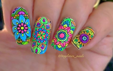 Navratri Theme Nail Art, Navratri Special Nail Art Designs, Mexican Embroidery Nails, Navratri Nail Art, Katrina Nails Art Designs, Navratri Nails, India Inspired Nail Art, Spiritual Nails, Mandala Nails