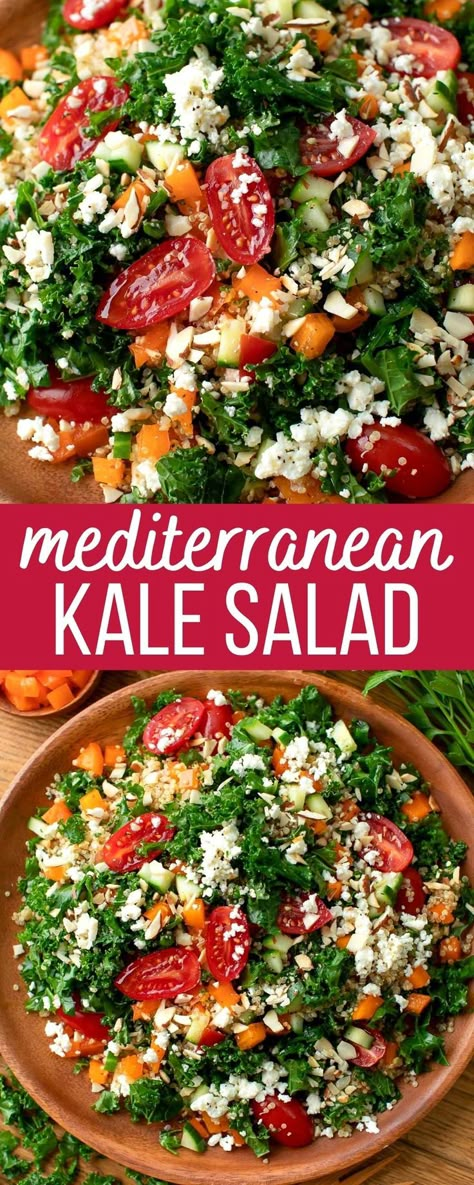 kale salad with feta, tomato, cucumber, bell pepper, and sliced almonds with greek lemon dressing Lunch Ideas With Kale, Kale Greek Salad Recipes, Kale Salads For Lunch, Greek Salad With Kale, Quinoa And Kale Salad Recipes, Kale Tomato Cucumber Salad, Kale And Tomato Salad, Kale Mozzarella Salad, Kale And Edamame Salad