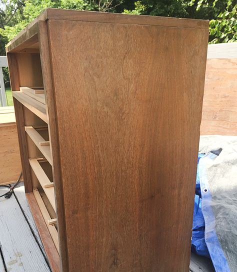 Don't let a scraped up veneer dresser scare you. Refinishing it isn't as hard as it seems! Mid Century Modern Furniture Makeover, Painting Veneer, Bedroom Dresser Styling, Best Wood Stain, Dresser Styling, Mid Century Modern Bookcase, Dresser Refinish, Bookcase Diy, Diy Dresser Makeover