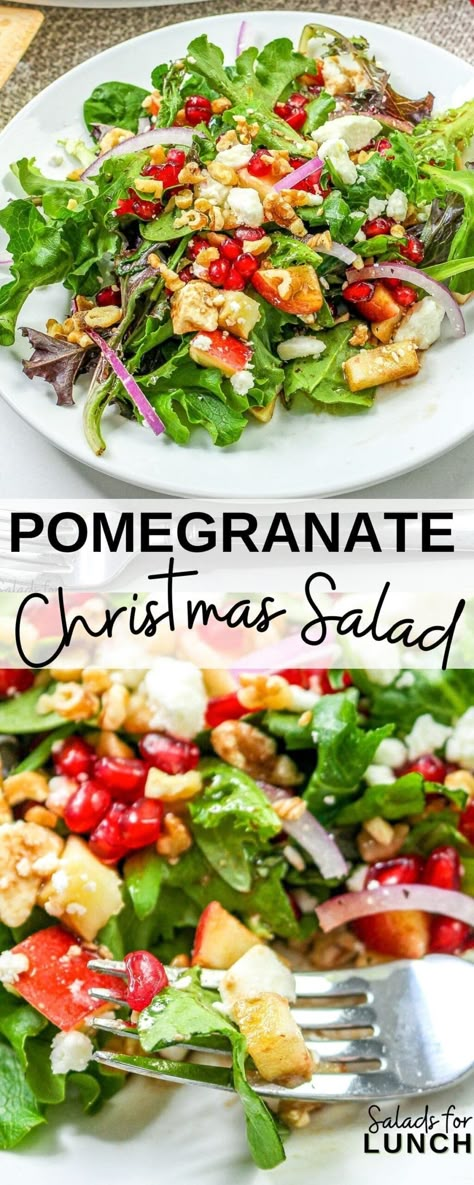 This flavorful Pomegranate and Apple Green Christmas Salad is full of fresh seasonal ingredients that are packed with antioxidants. This pomegranate salad recipe is crunchy, easy to make, and super festive! This salad is a perfect side dish for the winter holiday season! Holiday Salad Pomegranate, Winter Salad Recipes Pomegranate, Lettuce Pomegranate Salad, Vege Salad Recipes, Christmas Pomegranate Salad, Trader Joes Salad Recipe, Green Salad Christmas, Christmas Salad With Pomegranate Seeds, Salad Pomegranate Seeds