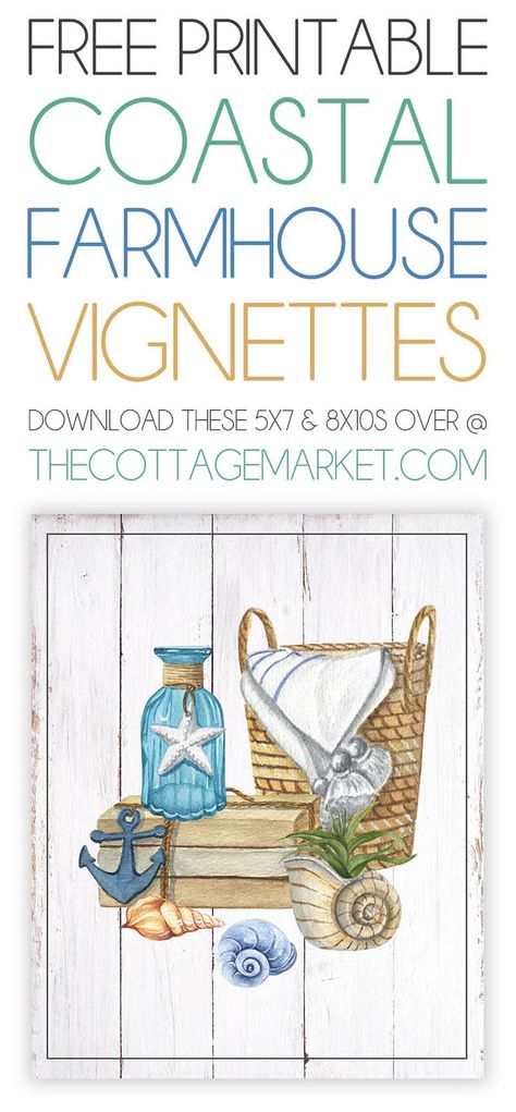 These Free Printable Coastal Farmhouse Vignettes are going to look amazing in your home. A perfect little touch for the walls, gallery wall, vignettes and more. (Stand by for a big printable… More Free Coastal Printables, Beach Free Printables, Bathroom Printables Free Wall Art, Wall Vignettes, Farmhouse Printables Free, Farmhouse Vignettes, Helpful Printables, Photo Coasters Diy, Free Nautical Printables