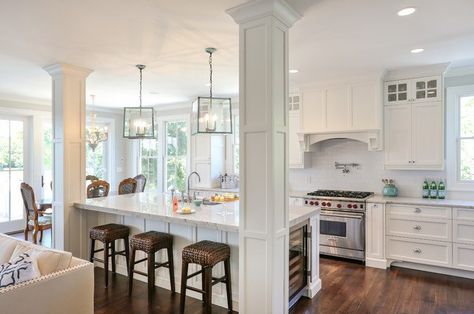 traditional kitchen with island and columns Support Columns In Kitchen, Column In Kitchen, Kitchen Island Ideas With Columns, Kitchen Island With Post, Kitchen Island With Columns, Kitchen Columns, Kitchen Layouts With Island, Unique Kitchen Design, Kitchen Island Design