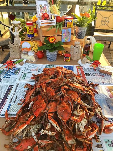 Crab feast display Crab Feast Party Decorations, Crab Feast Party Ideas, Crab Boil Seasoning Recipe, Boil Seasoning Recipe, Crab Feast Party, Crab Broil, Crab Boil Seasoning, Lobster Bake Party, Cajun Wedding