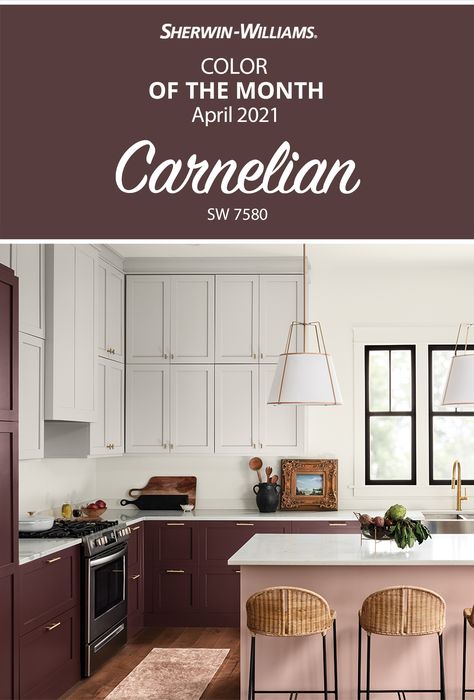 Wine Color Kitchen, Carnelian Paint Sherwin Williams, Kitchen Cabinets Burgandy, Umber Wine Paint, Sw Carnelian, Sherwin Williams Carnelian, Dark Burgundy Kitchen Cabinets, Wine Colored Cabinets, Burnt Red Kitchen