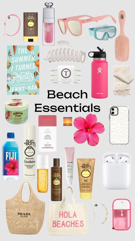 Beach Packing List Aesthetic, Summer Wishlist 2023, Beach Girl Essentials List, Beach Supplies List, Summer Beach Essentials, Cute Beach Accessories, Summer Accessories Aesthetic, Beach Packing List For Teenage Girl, Summer Must Haves 2024