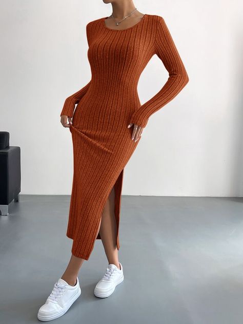 Ribbed Dress, Minimalist Dresses, Body Con Dress, Ribbed Knit Dress, Split Dress, Crewneck Dress, Vestido Casual, Women Long Dresses, Long Sleeve Bodycon