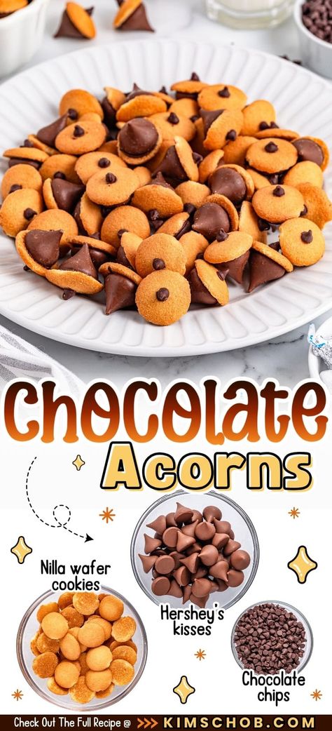 Chocolate Acorns Hershey's Kisses, Sweet Treats For Thanksgiving, Easy Thanksgiving Desserts For Kids, Acorn Dessert, Hershey Kiss Acorns, Thanksgiving Treats Easy, Acorn Treats, Chocolate Acorns, Fun Fall Treats