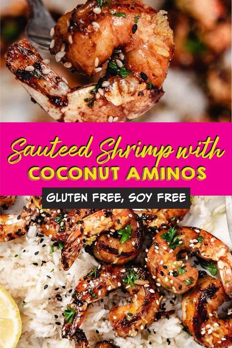 This quick sautéed shrimp with coconut aminos dish is packed with flavor & perfect for a weeknight meal. Customize it with your favorite veggies! Gluten-free, soy-free, & ready in 15 mins! Cooking With Coconut Aminos, Coco Aminos Recipes, Recipes With Coconut Aminos, Gluten Free Shrimp, Shrimp Sauteed, Healthy Teriyaki Chicken, Roasted Broccoli And Carrots, Stir Fry Shrimp Recipes, Easy Fast Dinner Recipes