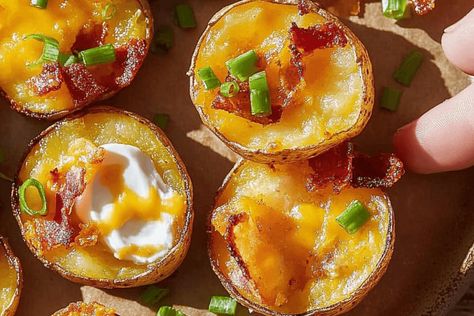 Mini Potato Skins, Potato Skin Bites, Potato Skins Appetizer, Crispy Potato Skins, Cream Of Mushroom Chicken, Loaded Potato Skins, Oven Baked Chicken Thighs, Apple Tart Recipe, Potato Appetizers