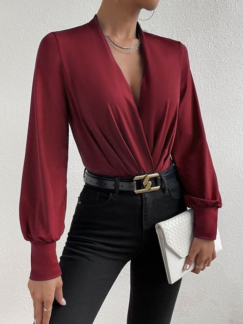 Elegant Bodysuit, Comfy Jumpsuits, Burgundy Top, Special Occasion Outfits, Plain Tees, Bishop Sleeve, Dressy Outfits, Beautiful Blouses, Modern Outfits