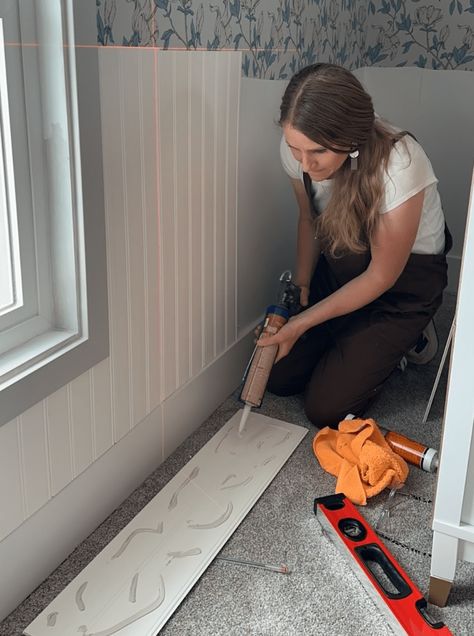 How to Install Tongue-and-Groove Beadboard Planks With Ease!  - How We Do Modern Wood Bench, Bead Board, Construction Adhesive, Hearth And Home, Nail Holes, Wooden Bench, Cozy Reading Nook, Tongue And Groove, Wood Bench