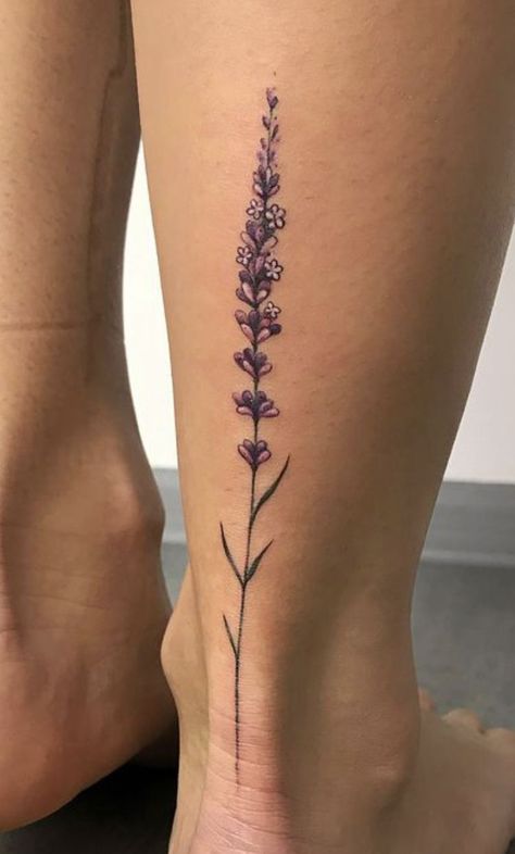 Heather Flower Tattoo Ideas, Spine Tattoos For Women Lavender, Lavender Stem Tattoo, Back Of Foot Tattoo, Wisteria Tattoo Foot, Lavender Tattoo Leg, Heather Tattoo Flower, Wrap Tattoo Ideas, Lavender Spine Tattoo