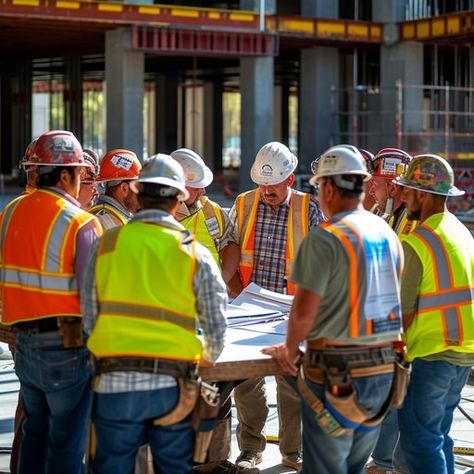 This photograph captures a moment of collaboration among construction workers at a bustling building site. Clad in reflective vests and hard hats, they gather around a set of blueprints, intensely discussing the task at hand. The construction site, hinted at by the beams and structures in the background, suggests ongoing development and progress. The sunlight adds depth to the scene, highlighting the workers’ concentration and the dynamic nature of their outdoor workplace. Office Safety, Team Meeting, Building Site, Reflective Vest, Modern Library, Construction Workers, Safety Vest, Work Site, Safety Gear