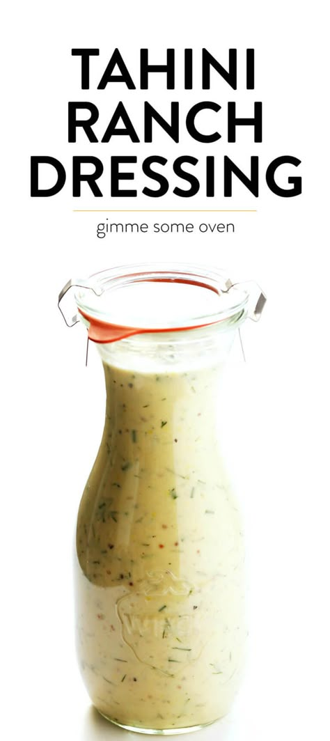 LOVE this Tahini Ranch Dressing recipe! It's easy to make, naturally #vegan and #gluten-free, and it tastes so fresh and delicious. Use it for salads, as a veggie dip, or whatever sound good! | gimmesomeoven.com #ranch #dressing #salad #healthy #tahini #vegetarian #mealprep Tahini Ranch, Tahini Salad Dressing, Avocado Chicken Salad Recipe, Ranch Dressing Recipe Homemade, Tahini Recipe, Creamy Ranch Dressing, Ranch Dressing Recipe, Vegan Ranch, Ranch Recipe