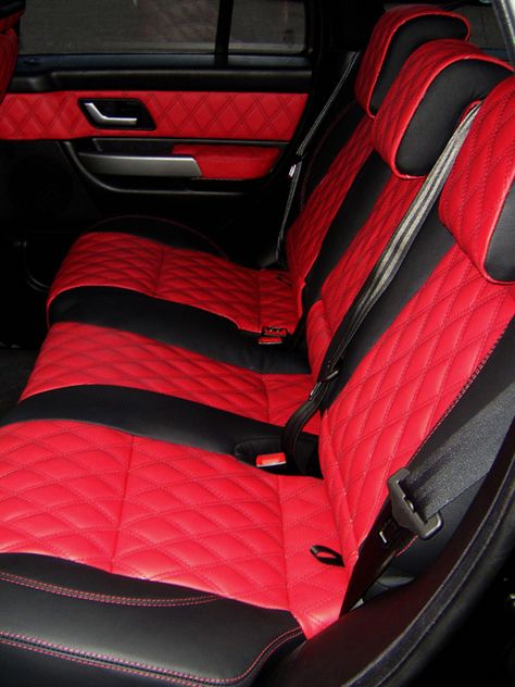 Range rover sport red/black quilted leather interior inside my red range rover will look like this:) #luxurysportcarsrangerovers Red Velvet Car Interior, Red And Black Car Interior Aesthetic, Red Interior Car, Red Range Rover, Burgundy Car, Range Rover Interior, Range Rover Black, Luxury Cars Range Rover, Dream Whip