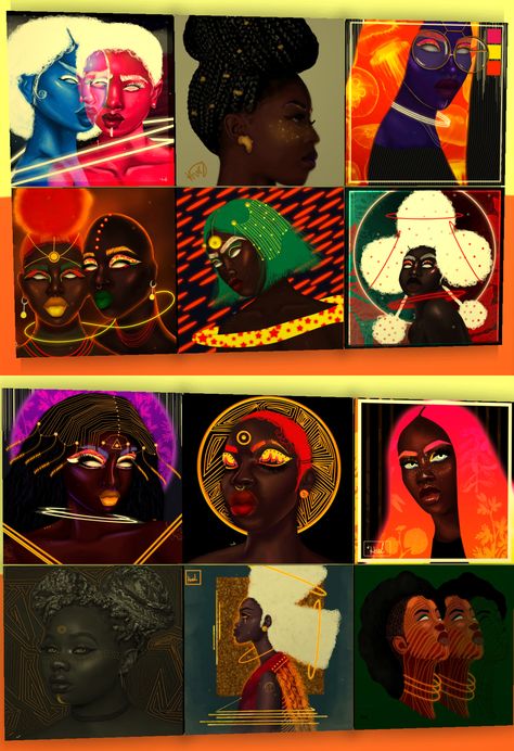 sims 4 cc // custom content clutter decor wall art posters // tags: black simmer // Afrofuturistic art and pillows // artist credited in page 8th Day Of Christmas, 8 Days Of Christmas, Hairstyles Accessories, Sims 4 Black Hair, Urban Wall Art, Youtube Design, Sims 4 Cc Furniture, Decor Pillows, Black Walls