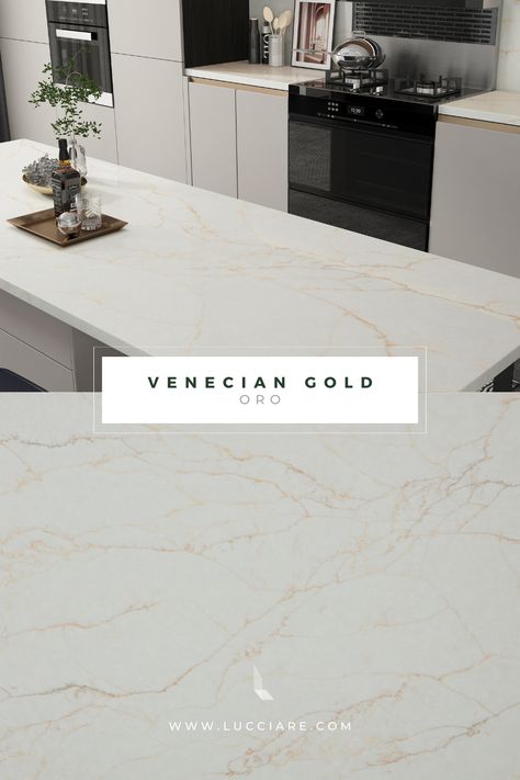 Quartz Countertops With Gold Veins, Quartz Countertop With Gold Veining, White Quartz Countertop With Gold Veins, Gold Veining Quartz, White Quartz Countertop Gold Veins, Gold Quartz Countertops, Creamy Foundation, Quartz Kitchen Countertops, Brass Accessories