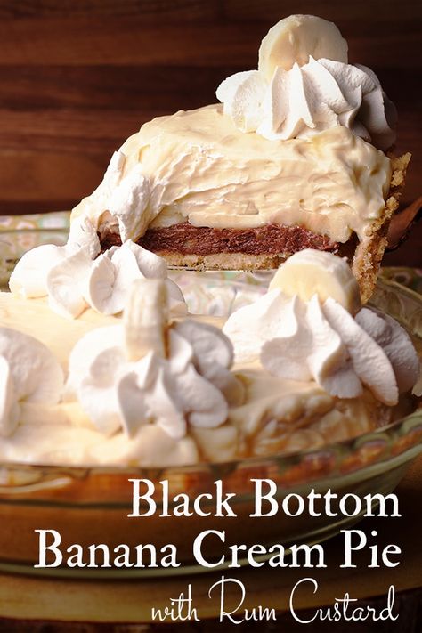 This Black Bottom Banana Cream Pie includes layers of chocolate pastry cream, vanilla rum custard, bananas & whipped cream in a buttery vanilla wafer crust. #bananacream #chocolatecream #Pie #creampie #blackbottom #dessertrecipe | ofbatteranddough.com Rum Custard, Chocolate Pastry Cream, Vanilla Wafer Crust, Chocolate Decadence, Banana Cream Pie Recipe, Vanilla Rum, Vanilla Wafer, Banana Pie, Dinner Desserts