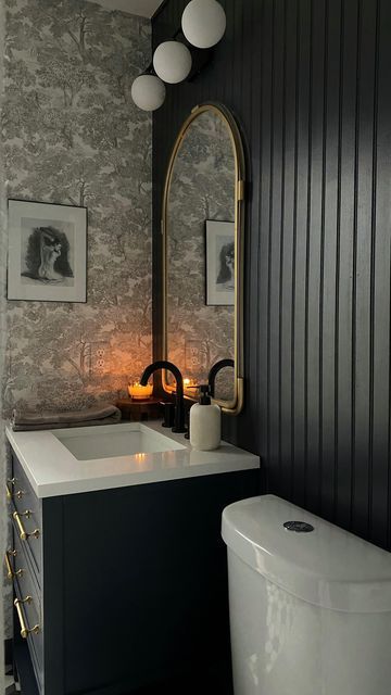 Moody Bathroom Cabinets, Dark Toned Bathroom, All One Color Bathroom, High End Half Bathroom, Dark And Moody Guest Bathroom, Bathroom With Wayne’s Coating, Dark And Moody Half Bath, Moody Kids Bathroom, Bathroom Half Wallpaper