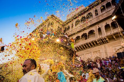 Crowd throwing flower petals during the Flower Holi Festival, Vrindavan, Uttar Pradesh, India Mathura Holi, Diy Birthday Cards For Dad, Holi Design, Vrindavan Dham, Holi Pictures, Festival Of Colors, Holi Photo, Holi Celebration, Festivals Around The World