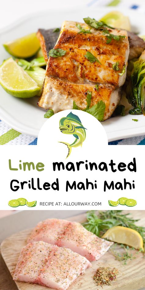 Plate with lime and grilled mahi mahi that has been grilled. Another picture with the raw mahi mahi on a cutting board ready to marinate. Easy Fish Marinade, Marinades For Fish, Marinade For Mahi Mahi, Mahi Mahi Marinade Recipes, Recipes For Mahi Mahi Fish, White Fish Marinade, Mahi Marinade, Grilled Mahi Mahi Recipes, Best Mahi Mahi Recipes