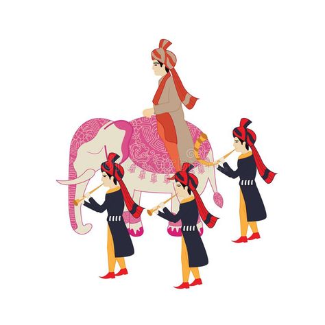 Indian wedding groom sitting on elephant stock illustration Wedding Baraat Illustration, Groom On Horse Indian Wedding, Indian Groom Illustration, Baraat Illustration, Wedding Elements Png, Wedding Elements Illustration, Indian Wedding Elements, Indian Wedding Illustration, Indian Wedding Groom