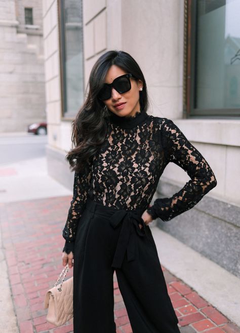 wayf black lace top date night outfit // how to style black culottes Pants Date Night Outfit, Lace Blouse Outfit, Black Lace Top Outfit, Lace Shirt Outfit, Lace Top Outfit, White Tops Outfit, Black Culottes, Black Lace Shirt, Extra Petite