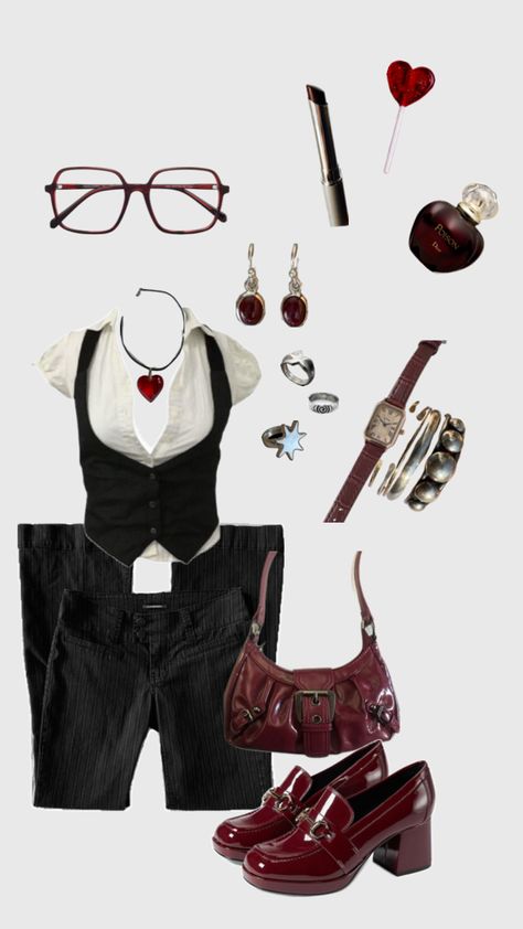 #outfitinspo #vintage #red Red Outfit Collage, Red Bag Outfit Ideas, Grunge Red Outfit, Edgy Vintage Outfits, Red Glasses Outfit, Pop Of Red Outfit, Casual Vampire Outfits, Whimsigoth Aesthetic, Aesthetic Y2k Outfits