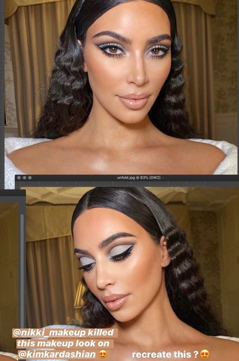 Gray Eye Makeup, Makeup For Grey Dress, Makeup Artist Aesthetic, Blue Cut Crease, Eyeshadow Makeup Looks, Blue Eyeshadow Makeup, Vogue Makeup, Grey Eye Makeup, Kimberly Kardashian