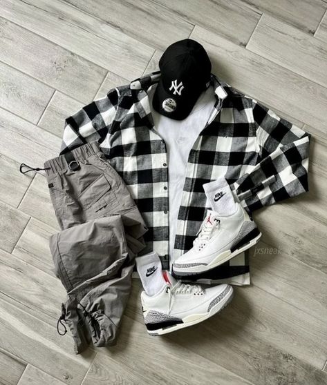 Hip Hop Outfit Ideas Men, Streetwear Men Outfits Casual, Jordan 3 Outfit, Winter Drip, Jordan 3 White Cement, Guys Fashion Casual, Drip Outfit Men, Hype Clothing, Flannel Outfits