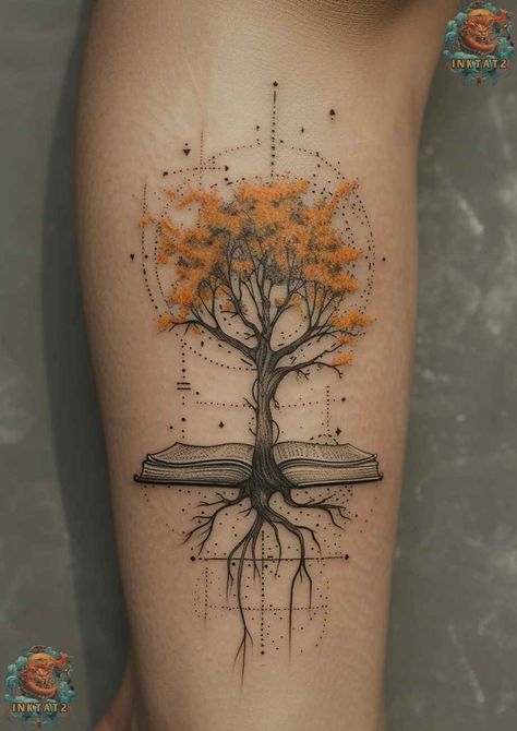 The Enduring Charm of Book-Themed Tattoos 85 Designs: A Tribute to Literary Love - inktat2.com Whimsical Book Tattoo, Art Lover Tattoo, Bookish Tattoo Sleeve, Tree Of Knowledge Tattoo, Bookworm Tattoo Ideas, Tattoos For Writers, Tattoo Ideas Book Lovers, Bookworm Tattoos, Whimsical Tattoo Sleeve