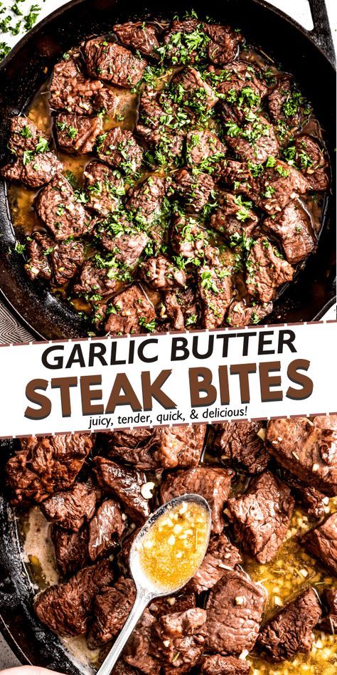 These juicy garlic butter steak bites with aromatic butter and hints of rosemary are fancy enough for special occasions but easy enough for a weeknight dinner. No one will believe they're ready in just 20 minutes! Beef Tips Keto, Good Fast Dinner Ideas, Garlic Butter Steak Bites Stovetop, Garlic Butter For Steak Easy, Steak Not On The Grill, Sirloin Steak Lunch Recipes, The Country Cook Slow Cooker Garlic Butter Steak Bites, Fun Steak Recipes, Steak For Meal Prep