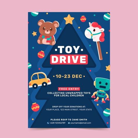 Flat christmas toy drive vertical poster... | Premium Vector #Freepik #vector #poster #christmas #noel #celebration Toy Poster Design, Christmas Poster Design Graphics, Christmas Toy Drive, Company Banner, Drive Poster, Christmas Poster Design, Graphics Background, Christmas Graphic Design, Camera Drawing