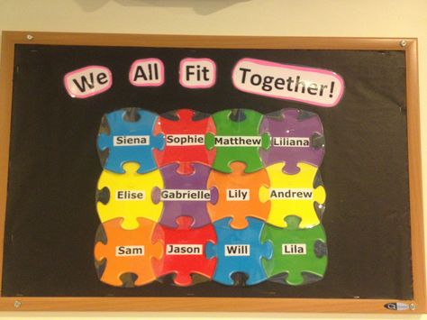 We All Fit Together Classroom Bulliten Board Ideas, Inspirational Bulletin Boards, Special Needs Mom, Esl Classroom, Abc 123, Simple Fits, School Board, Better Together, Bulletin Boards