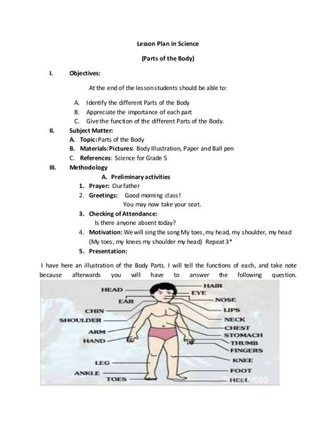 Lesson Plan in Science(Parts of the Body)I. Objectives:At the end of the lesson students should be able to:A. Identify... My Body Lesson Plan, Araling Panlipunan Worksheets For Grade 1, Vachan Badlo Hindi Worksheet Grade 2, Lesson Plan In English Grade 2, Detailed Lesson Plan In English Grade 1, Lesson Plan Sample, Lesson Plan Format, Lesson Plan Examples, Teaching Lessons Plans