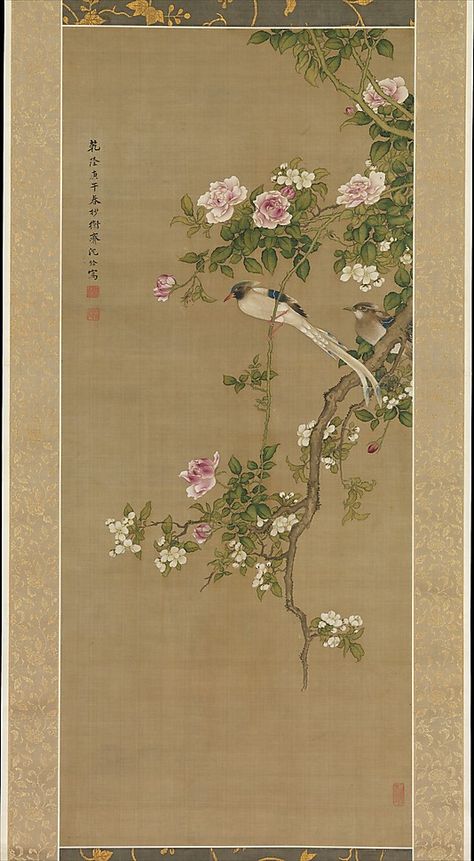 Flowers and Birds Shen Nanpin (Japanese: Shin Nanpin) (Chinese, 1682–after 1762) Period: Qing dynasty (1644–1911) Date: 1750 Antique Art Prints, Chinoiserie Art, Art Chinois, China Rose, Vintage Chinoiserie, Bird Canvas, Asian Painting, Art Japonais, Two Birds