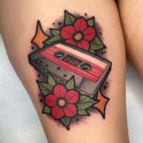 Traditional Tattoo Music, Cassette Tattoo, American Traditional Tattoo Ideas, Traditional Tattoo Ideas, Framed Tattoo, Quality Tattoo, Birth Flower Tattoos, Old School Tattoo Designs, Tattoo Portfolio