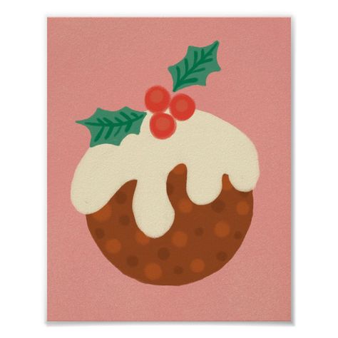 Traditional Christmas pudding poster Christmas Pudding Drawing, Christmas Pudding Illustration, Modern Christmas Illustration, Traditional Christmas Pudding, Holly Leaves And Berries, Minimal Christmas, Soft Pink Color, Shelf Display, Holly Leaves