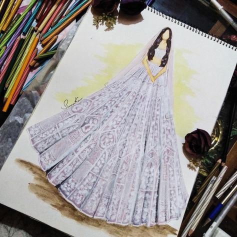 Bridal Illustration, Chikankari Lehenga, Beautiful Lehenga, Fashion Design Books, Dress Illustration, Design Sketchbook, Dress Design Drawing, Fashion Illustration Sketches Dresses, Fashion Design Sketchbook