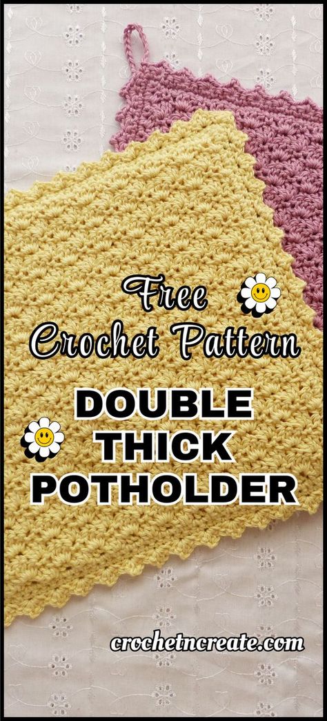 Crochet double thick potholder, quick free crochet pattern from crochet 'n' create Crochet Pot Holders Free Pattern Hot Pads Vintage Potholders, Crochet Vintage Potholders Free Pattern, Easy Crochet Potholders For Beginners, How To Make A Pot Holder Free Pattern, Thick Crochet Potholder Free Pattern, Crochet Thick Potholders, Crochet Potholders Patterns, Crochet Pot Holders Free Pattern Easy Hot Pads, Crochet Hot Pad Pattern