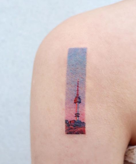 𝙽 𝚂𝚎𝚘𝚞𝚕 𝚃𝚘𝚠𝚎𝚛 Seoul Tattoo, N Seoul Tower, Korea Tattoo, Skyline Tattoo, Seoul Tower, Namsan Tower, Korean Illustration, Traditional Tattoo Designs, Korea Drama