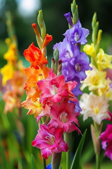 Rainbow Gladiolus is renowned for its tall spikes filled with vibrant, multi-colored blooms. Perfect for adding vertical interest and a dazzling display of colors in any garden.  Light: Full sun. Water: Water regularly to keep soil evenly moist. Soil: Well-draining, fertile soil. Temperature: 60-75°F (15-24°C). Humidity: Moderate. Fertilizer: Balanced fertilizer every two weeks during growing season.Great for cut flower arrangements.  #Gladiolus #RainbowFlowers #Garden #Bloom Gladiolas Flower, Gladiolus Flower Arrangements, Gladiolus Tattoo, Rockery Garden, August Flowers, Photos Flowers, Gladiolus Flower, Gladioli, Sun Water