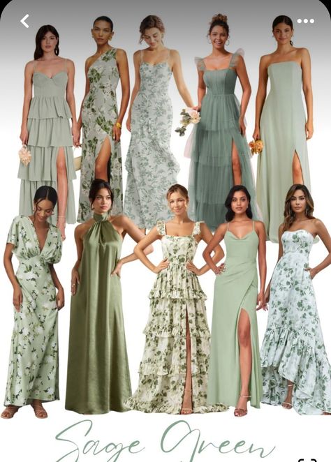 Sage Green Wedding Attire, Mismatched Sage Green Bridesmaid Dresses, Sage Green Bridesmaid, Sage Green Bridesmaid Dresses Mismatched, Mismatched Green Bridesmaid Dresses, Bridal March, Caroline Dress, Sage Green Floral, Fall Barn Wedding