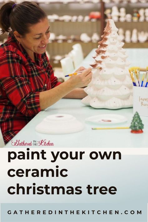 Paint Your Own Ceramic Christmas Tree | Gathered In The Kitchen Ceramic Christmas Tree Lights, Christmas Tree With Lights, Vintage Ceramic Christmas Tree, Tree With Lights, Paint Your Own Pottery, Gift Drawing, Christmas Tree Painting, Ceramic Christmas Trees, Christmas Tree With Gifts