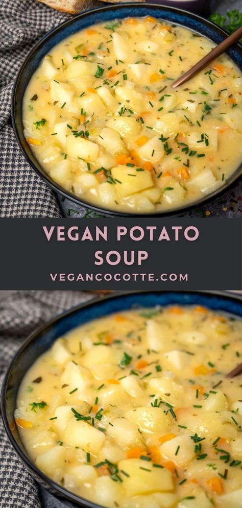 Easy Vegan Potato Soup Soup Bread, Vegan Potato Soup, Bread Soup, Loaded Potato Soup, Vegan Bacon, Loaded Potato, Vegan Potato, Vegan Soup Recipes, Vegan Soups