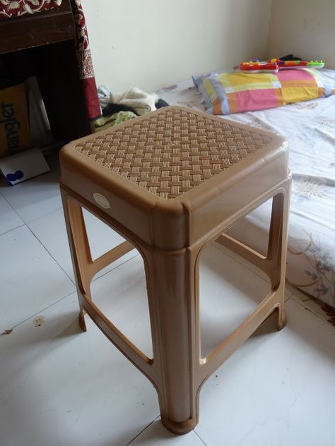 NichuSpace: When a boring stool gets a splash to color Stool Makeover, Plastic Stool, Cottagecore Living, Crafty Decor, Wall Shelf Decor, Diy Makeover, Plastic Chair, Upcycled Furniture, Reupholster