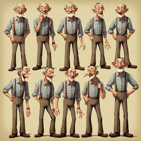 Old man in plaid shirt with suspenders in a variety of diffferent body positions Old Man Character Design, Old Man With Beard, Beard Illustration, Man With Beard, One Point Perspective, Illustration Book, Man Illustration, Ads Design, Point Perspective